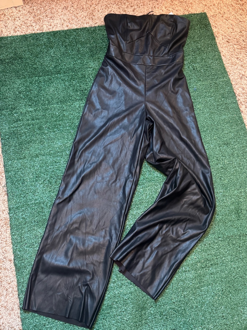 Banana Republic Black Strapless Faux Leather Wide-Leg Jumpsuit